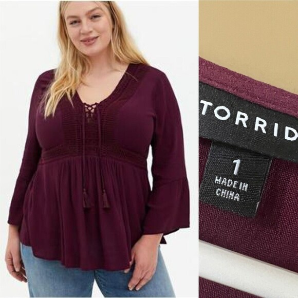torrid Tops - Torrid Babydoll Crinkle Gauze Crochet Lace-up Top 1X Rayon Blouse